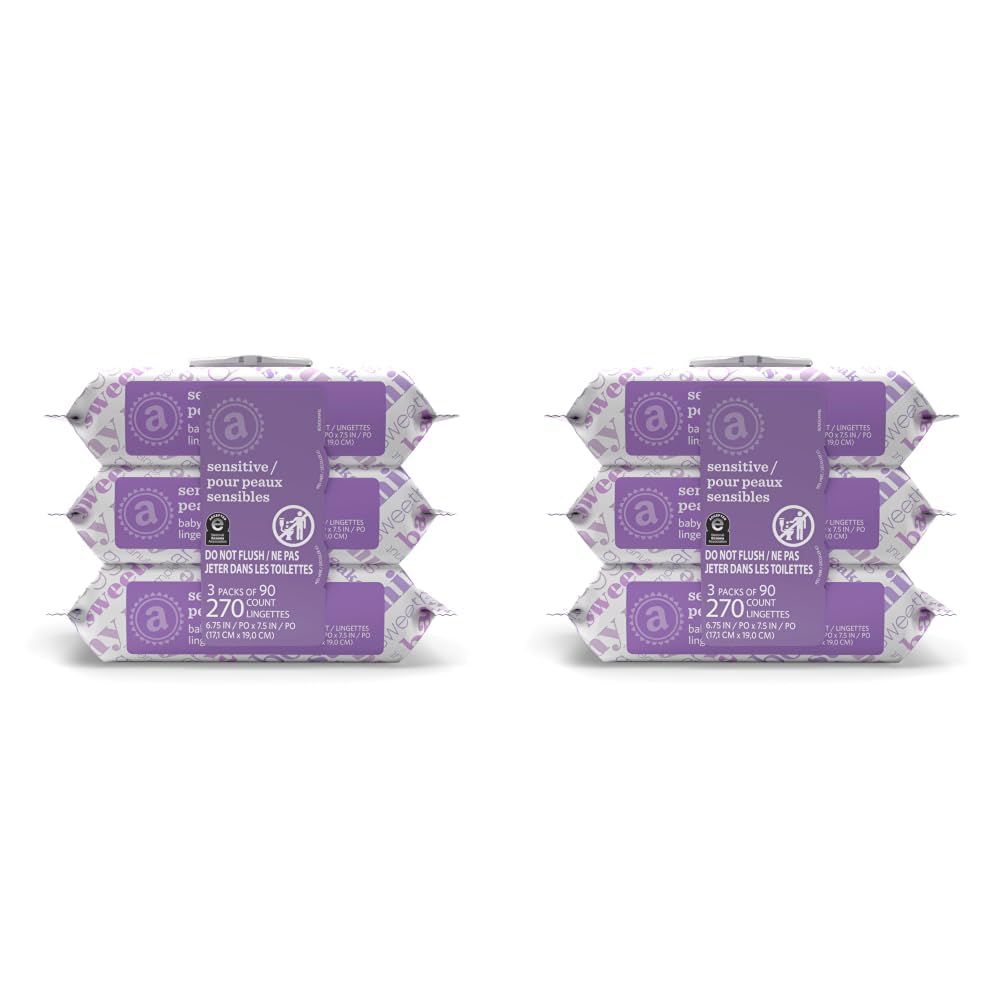 Amazon Elements Baby Wipes, Sensitive, Unscented, Cleans Gently, 810 Count, Flip-Top Packs, Pack of 9