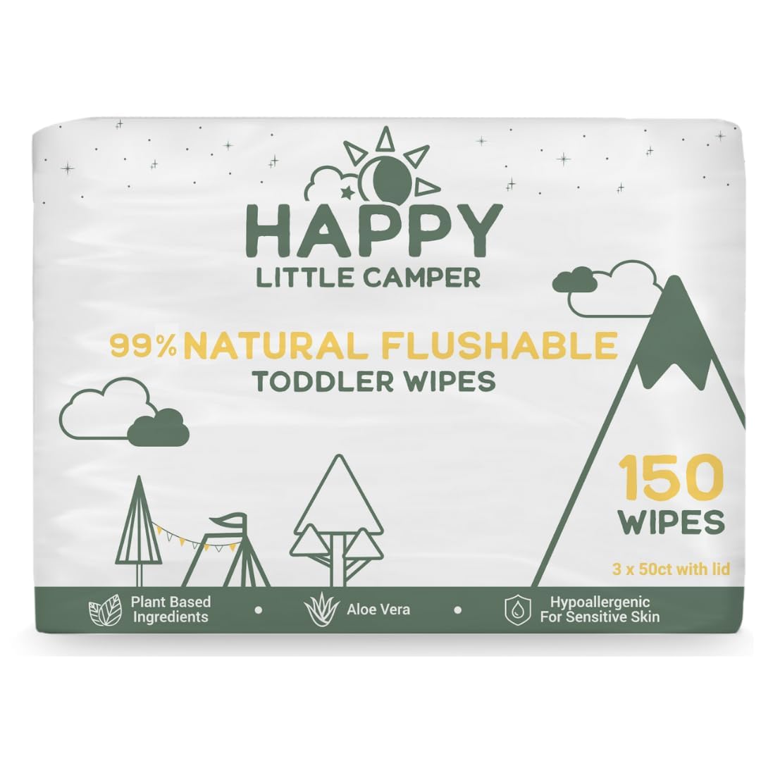 Happy Little Camper Natural Flushable Wipes - Hypoallergenic Wet Wipes with Aloe Vera, Chamomile and Pomegranate Extract - Unscented Baby Wipes Safe for Sensitive Skin - 150 Count