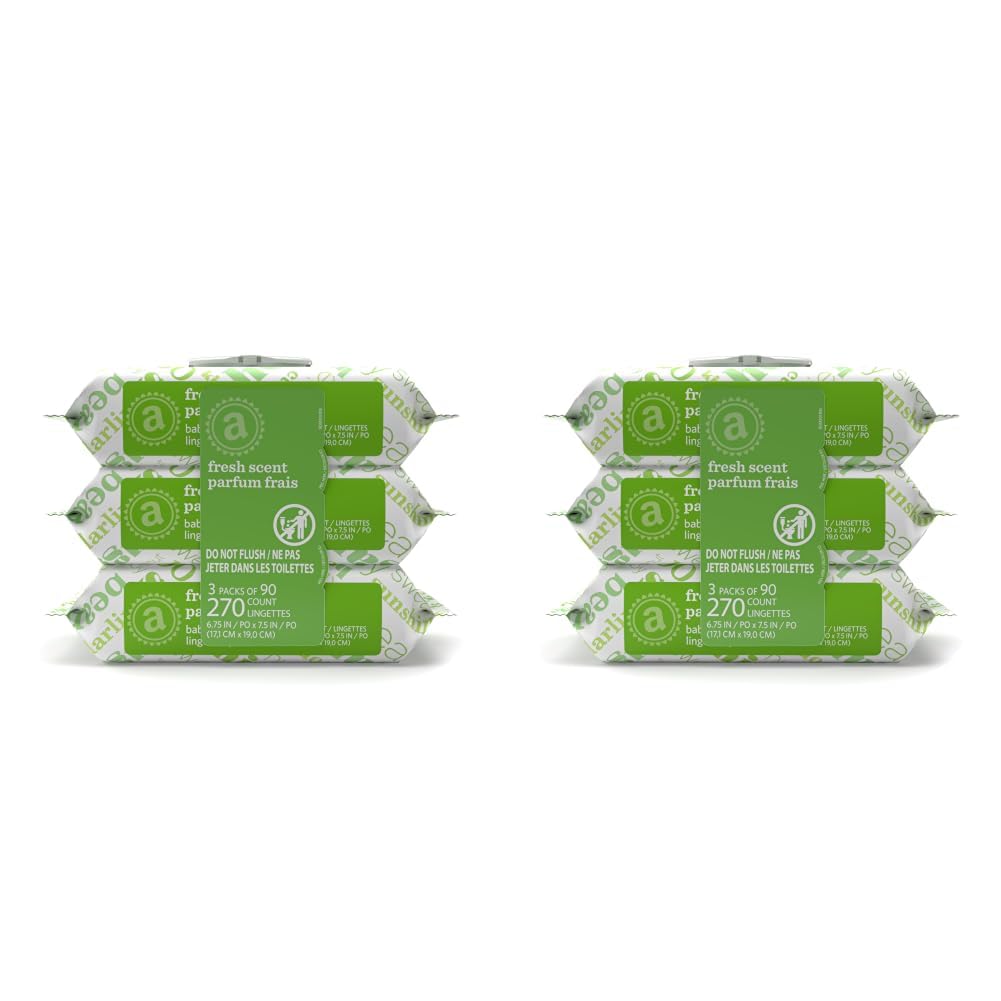 Amazon Elements Baby Wipes, Fresh Scent, Flip-Top Packs, Alcohol-Free, With Cucumber and Aloe, 810 Count, 9 Packs of 90