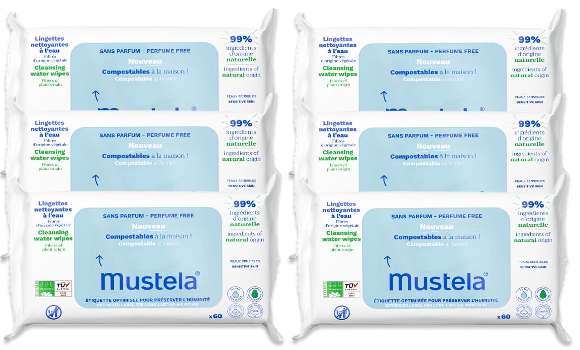 Mustela Baby Home Compostable Cleansing Wipes - For Face, Body & Diaper Area - 99% ingredients of natural origin & plant-based fibers - For all skin types - Fragrance Free Version & Various Sizes