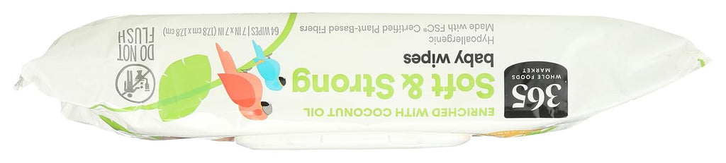 365 by Whole Foods Market, Soft & Strong Disposable Baby Wipes, Enriched with Coconut Oil, 64 Count