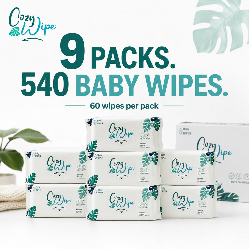 Baby Wipes, 99.9% Water Based Unscented Diaper Wipes for Sensitive Newborn Skin, Plant-Based, Plastic-Free, 9 Packs, 540 Count