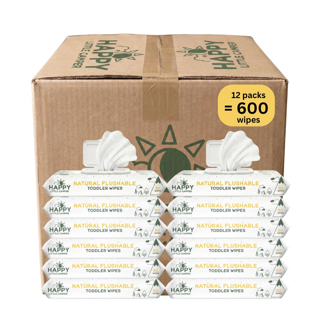 Happy Little Camper Natural Flushable Wipes - Hypoallergenic Wet Wipes with Aloe Vera, Chamomile and Pomegranate Extract - Unscented Baby Wipes Safe for Sensitive Skin - 150 Count