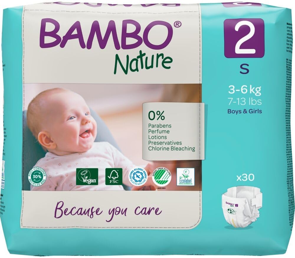 Bambo Nature Hypoallergenic Baby Diapers, Eco-Labeled Diapers, Enhanced Leakage Protection, Totally Chlorine-Free, Skin Friendly, and Super Absorbent - Size 2 (30 Count)