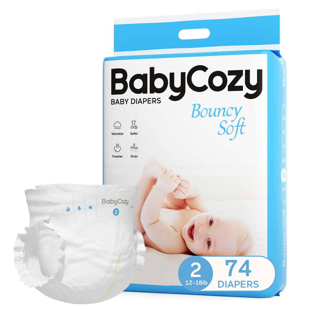 Newborn Baby Diapers Size 2(12-18lb) 74 Count Babycozy Bouncy Soft Diapers Hypoallergenic, Dry Disposable Diapers with Softer Touch 0.8D Diaper &10 Micron Velvet Fiber to Protect Sensitive Infant Skin
