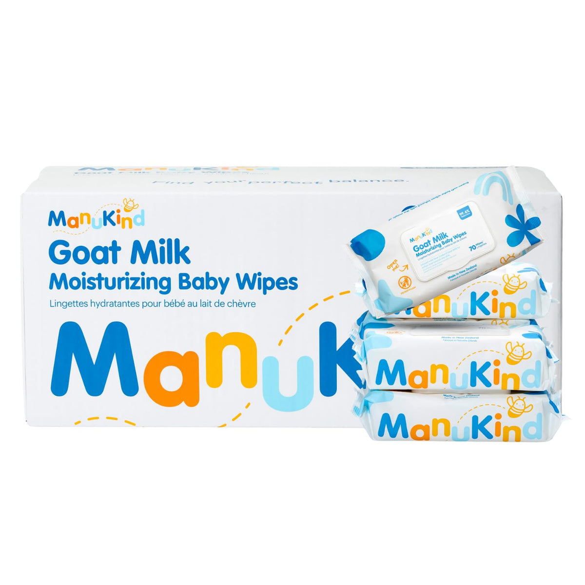 ManuKind Goat Milk Infused Baby Wipes, Ultra Gentle, 100% Bamboo Fiber, Soft Comfort for Sensitive Skin, Dermatologist Tested, Made in New Zealand, 70 x 6 Bags