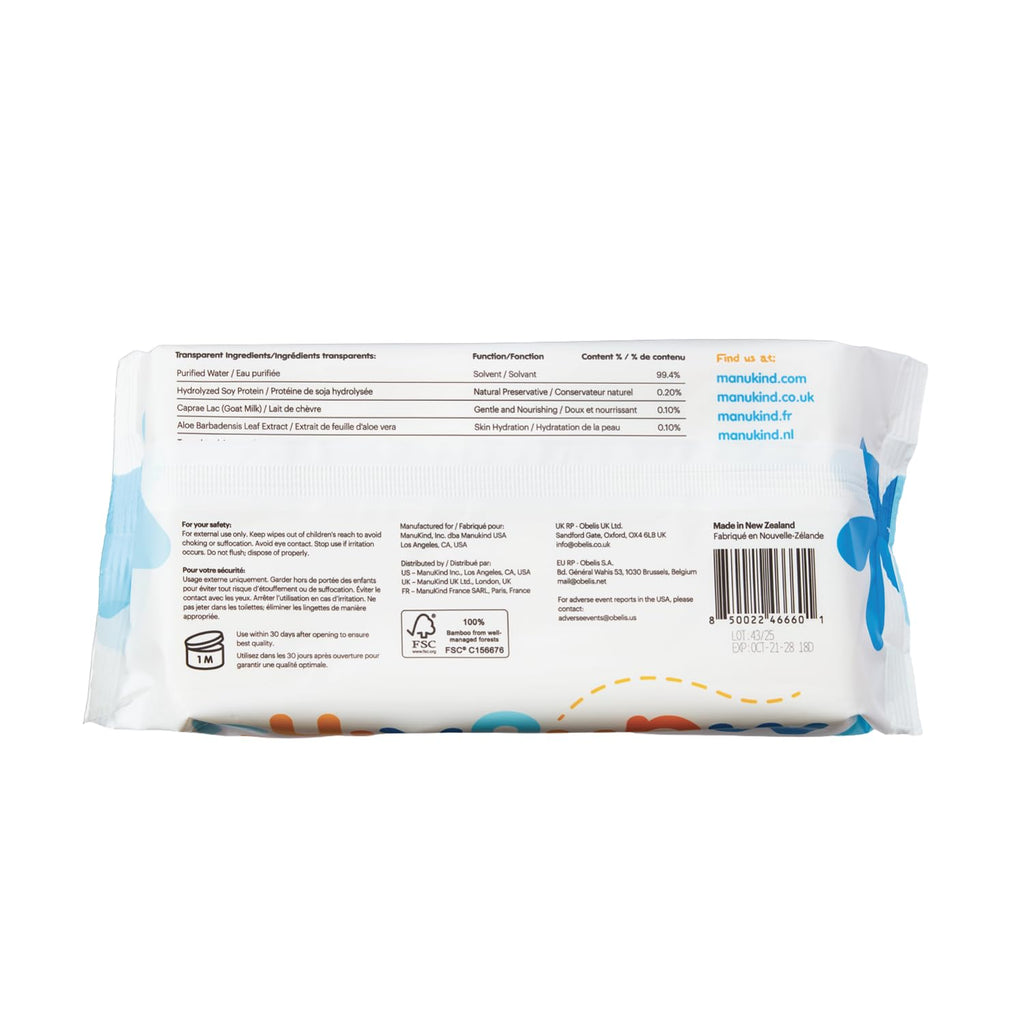 ManuKind Goat Milk Infused Baby Wipes, Ultra Gentle, 100% Bamboo Fiber, Soft Comfort for Sensitive Skin, Dermatologist Tested, Made in New Zealand, 70 x 6 Bags