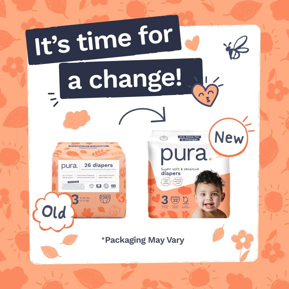 Pura Baby Diapers Size 3 (16-28 lbs) 128 Count Sensitive Skin
