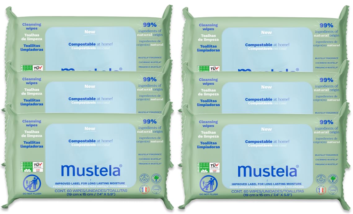 Mustela Baby Home Compostable Cleansing Wipes - For Face, Body & Diaper Area - 99% ingredients of natural origin & plant-based fibers - For all skin types - Fragrance Free Version & Various Sizes