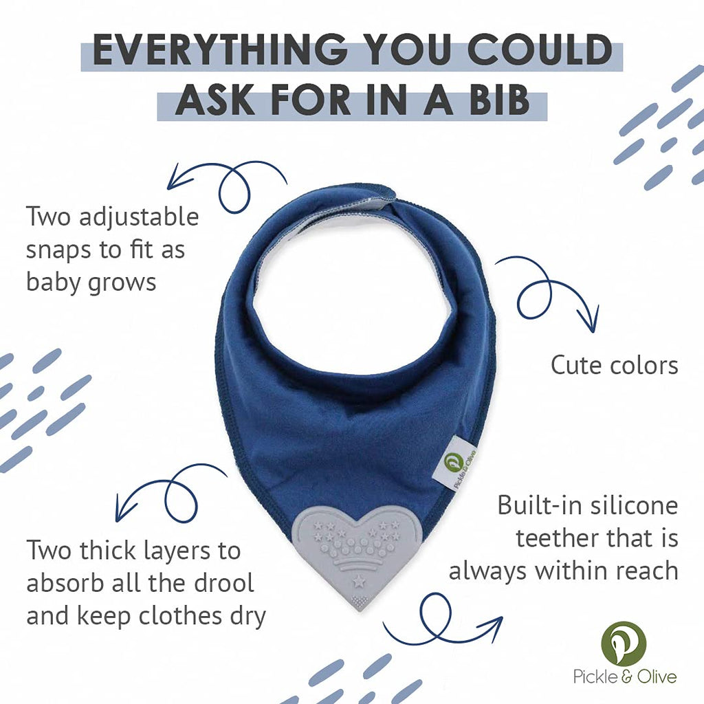 Pickle & Olive Baby Bandana Teething Bibs with Attached Silicone Teether - Set Of 4 -Solid Blues