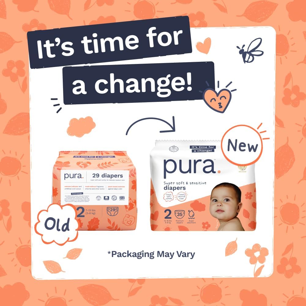Pura Baby Diapers Size 2 (12-18 lbs) 70 Count Sensitive Skin