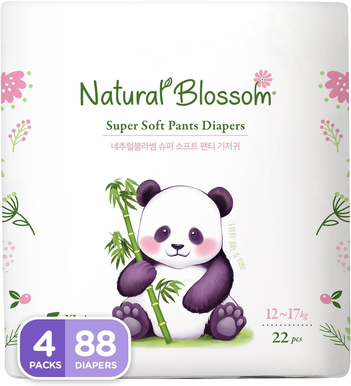 Natural Blossom Pull-On Baby Diapers | Ultra-Slim, Hypoallergenic, Super Soft, Vegan | Size 5 (3T-4T, 26-37 lbs) | 88 Count