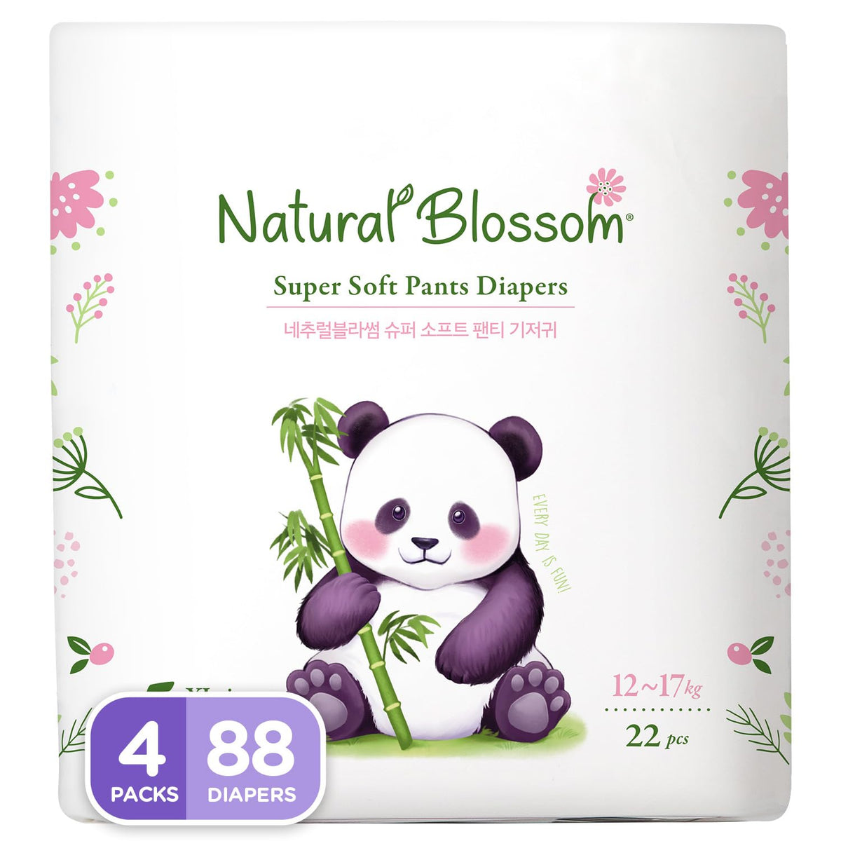 Natural Blossom Pull-On Baby Diapers | Ultra-Slim, Hypoallergenic, Super Soft, Vegan | Size 5 (3T-4T, 26-37 lbs) | 88 Count