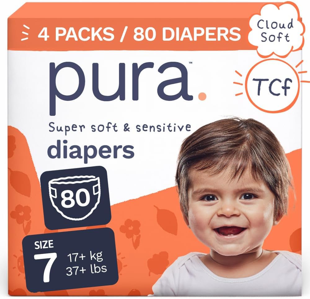 Pura Baby Diapers Size 7 (37+ lbs) 80 Count Sensitive Skin