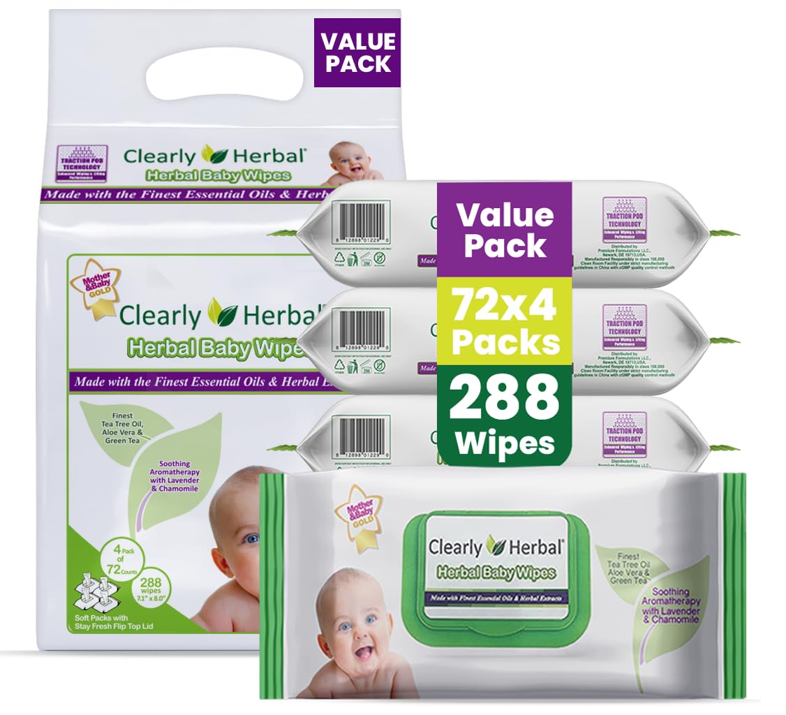 Baby Wipes, made with Essential Oils and Natural Herbal Extracts, Parent's Choice, Case Pack 288 Plant Based Wipes (4 Packs x 72 Count)