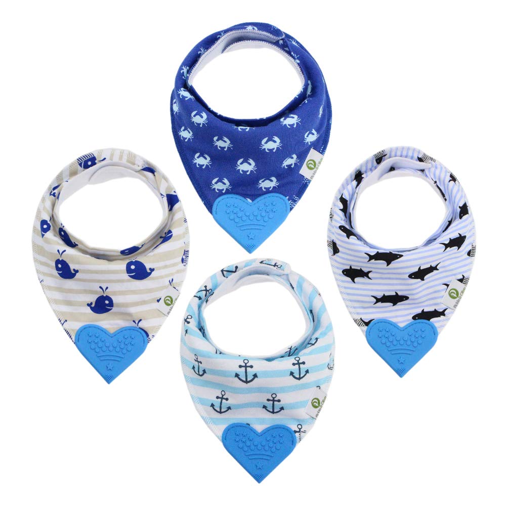 Pickle & Olive Baby Bandana Teething Bibs with Attached Silicone Teether - Set Of 4 -Solid Blues