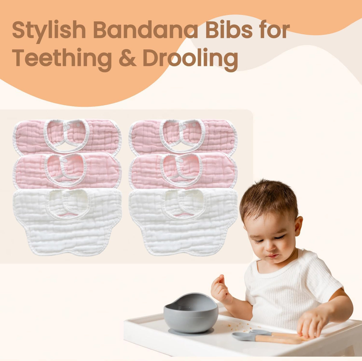 MUKIN Soft Cotton Muslin Baby Bibs 6 Pack | Adjustable Snap Closure for Newborns| Absorbent for Drooling, Teething & Feeding