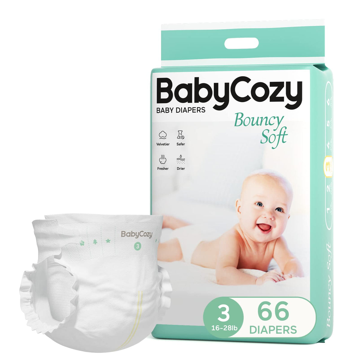 Newborn Baby Diapers Size 2(12-18lb) 74 Count Babycozy Bouncy Soft Diapers Hypoallergenic, Dry Disposable Diapers with Softer Touch 0.8D Diaper &10 Micron Velvet Fiber to Protect Sensitive Infant Skin