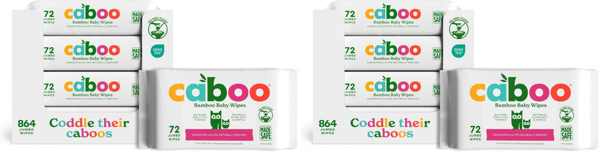 Caboo Baby Wipes, Made with Bamboo Viscose, Certified Made Safe Ingredients, Unscented Baby Wipes Good for Sensitive Skin, 72 Wipes Per Travel Pack, Total of 216 Wet Wipes