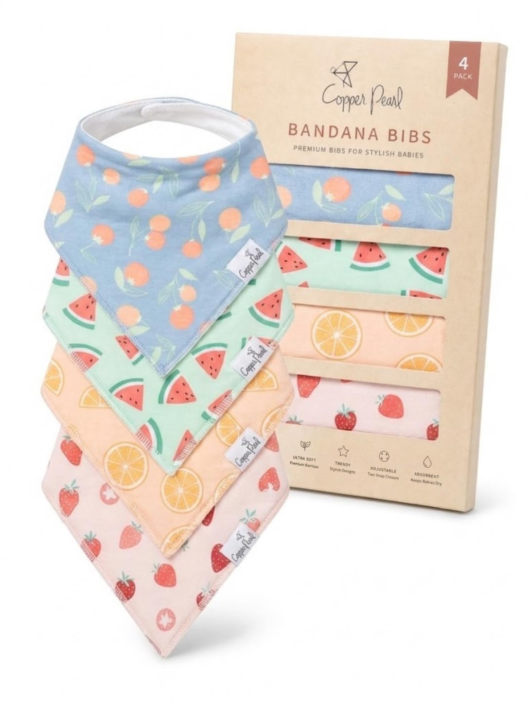 Copper Pearl Baby Bibs 4 Pack, Printed Bandana Drool Bibs for Baby Girl & Boy, Soft Cotton Drooling Teething Bibs