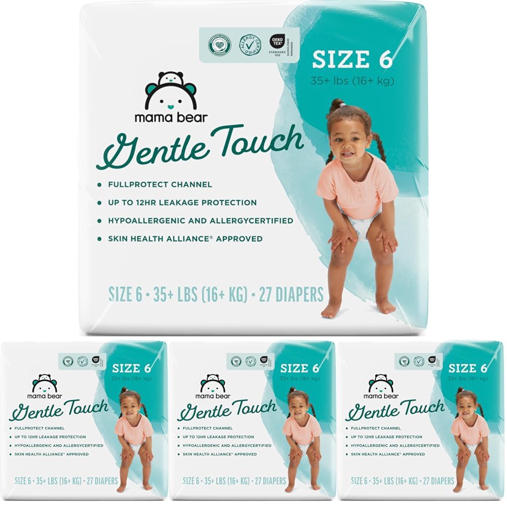 Amazon Brand - Mama Bear Gentle Touch Baby Diapers, Size 3, 42 Count, Wetness Indicator, Stretchy Waistband, Skin Health Alliance Approved