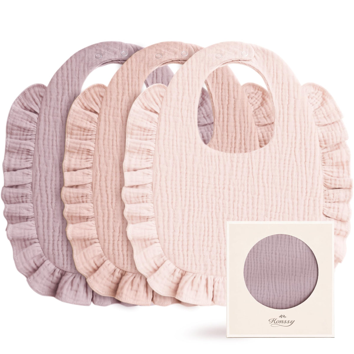 Konssy 3-Pack Muslin Baby Girl Bibs, 100% Cotton with Ruffle Trim