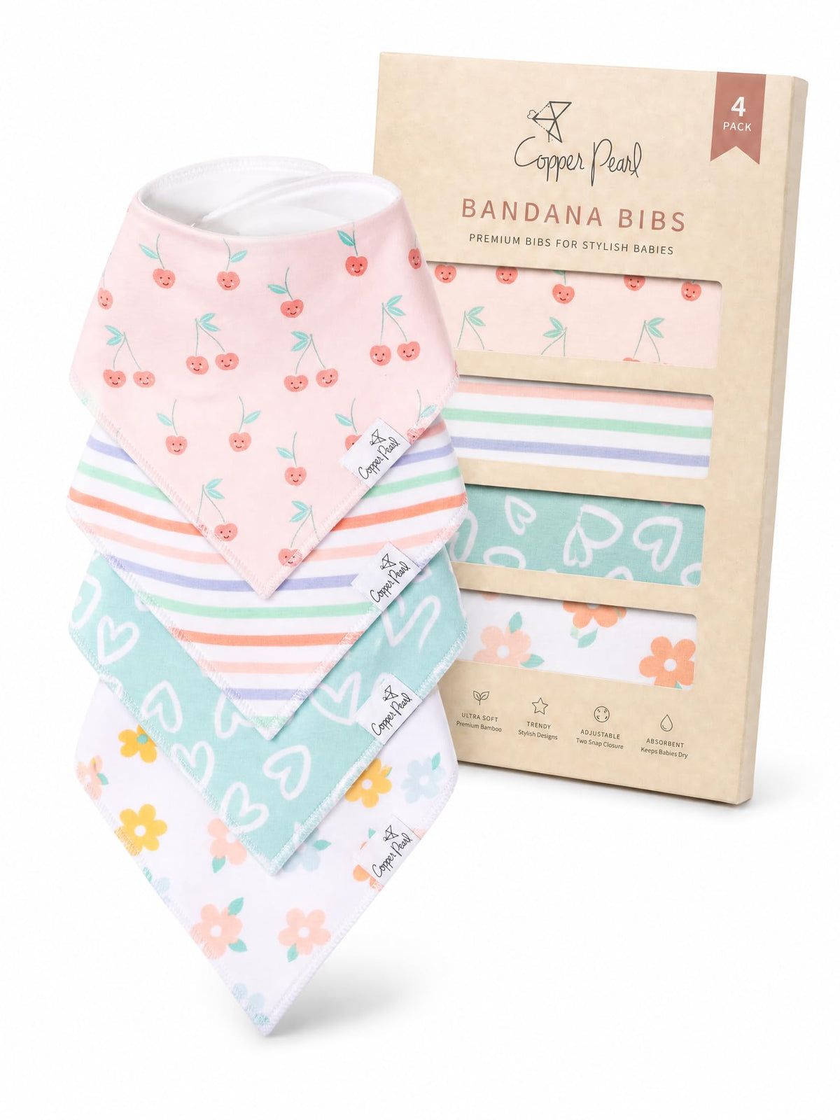 Copper Pearl Baby Bibs 4 Pack, Printed Bandana Drool Bibs for Baby Girl & Boy, Soft Cotton Drooling Teething Bibs