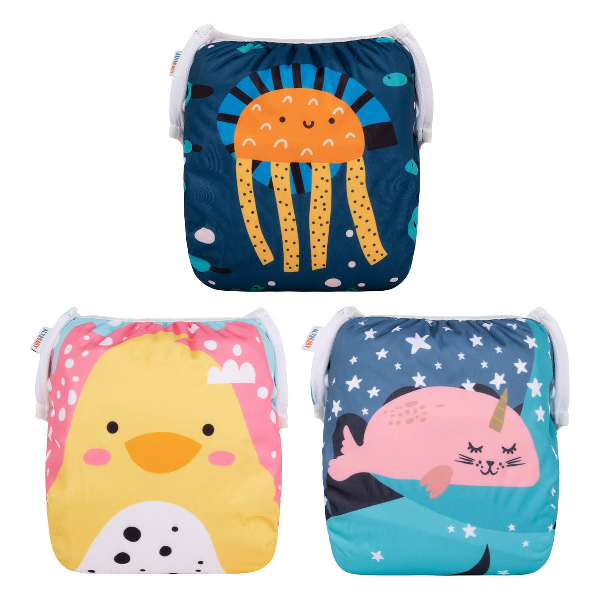 ALVABABY 3pcs Swim Diapers Baby & Toddler Snap One Size Reusable Adjustable Baby Boy Large Fish&sea-Plant 3ZSWY02