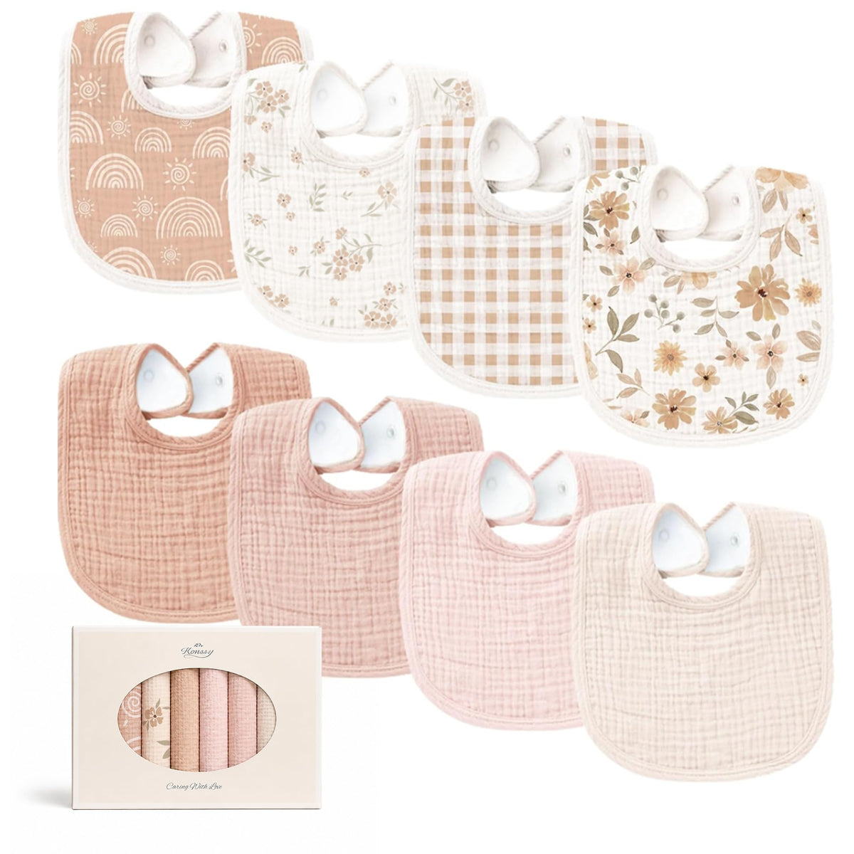 Konssy 8-Pack Muslin Baby Bibs, Adjustable Fit for Drooling and Teething