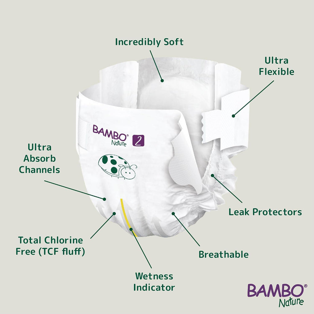 Bambo Nature Hypoallergenic Baby Diapers, Eco-Labeled Diapers, Enhanced Leakage Protection, Totally Chlorine-Free, Skin Friendly, and Super Absorbent - Size 2 (30 Count)