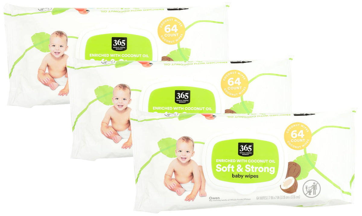 365 by Whole Foods Market, Soft & Strong Disposable Baby Wipes, Enriched with Coconut Oil, 64 Count