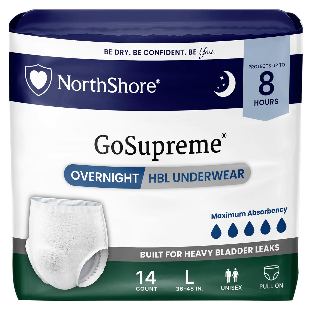 NorthShore GoSupreme 8-Hour Overnight Underwear, White, Large, 14 Count