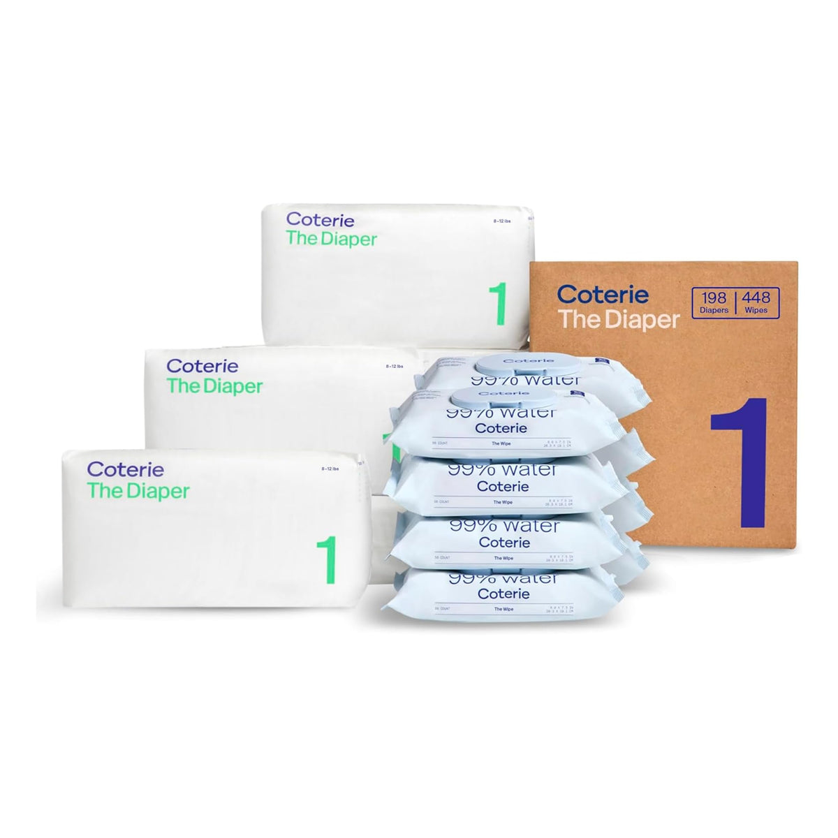 Coterie Baby Wipes + Diapers Kit, Size NB & Size 1 Diapers, 8-Pack Wipes
