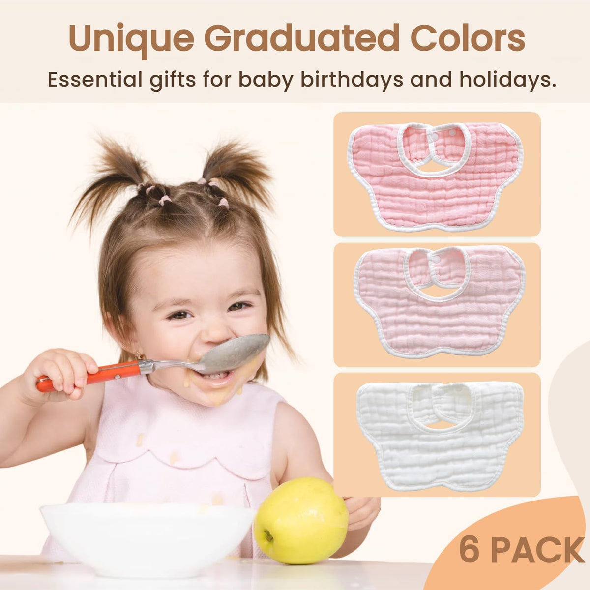 MUKIN Soft Cotton Muslin Baby Bibs 6 Pack | Adjustable Snap Closure for Newborns| Absorbent for Drooling, Teething & Feeding