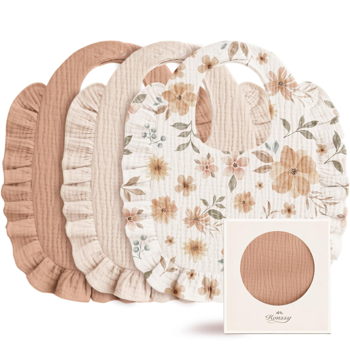 Konssy 3-Pack Muslin Baby Girl Bibs, 100% Cotton with Ruffle Trim