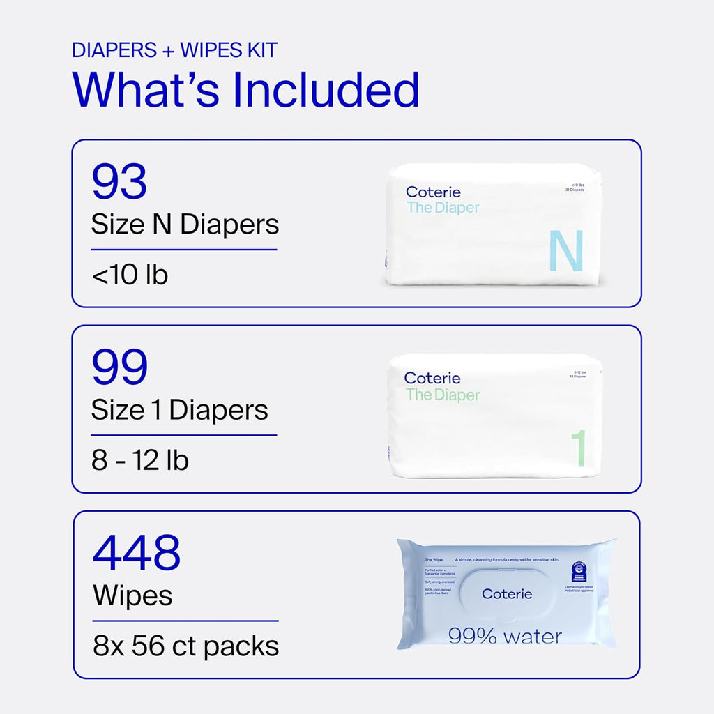 Coterie Baby Wipes + Diapers Kit, Size NB & Size 1 Diapers, 8-Pack Wipes