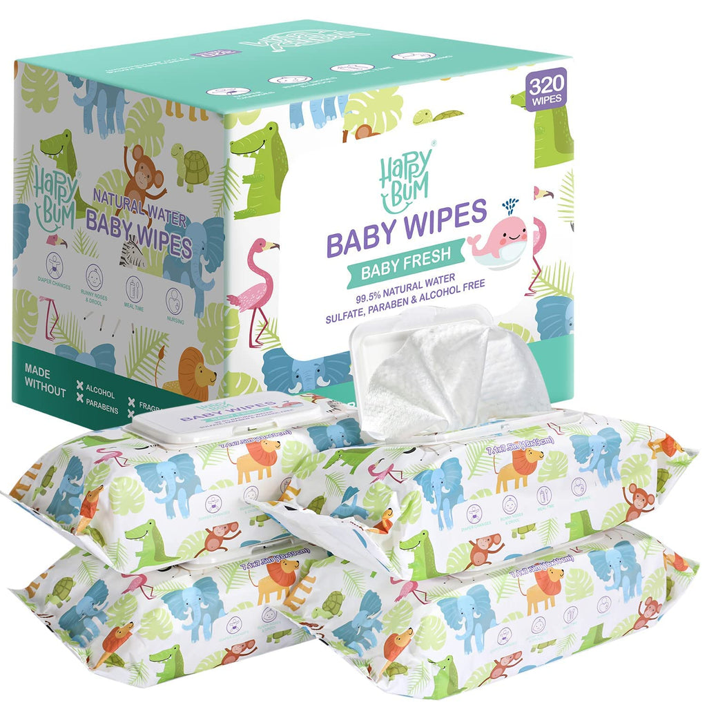 Baby Wet Wipes Unscented - Extra Large Size, Durable, 99% Water-Based & Gentle on Sensitive Skin for Face & Body,320 Count (4 Packs of 80）
