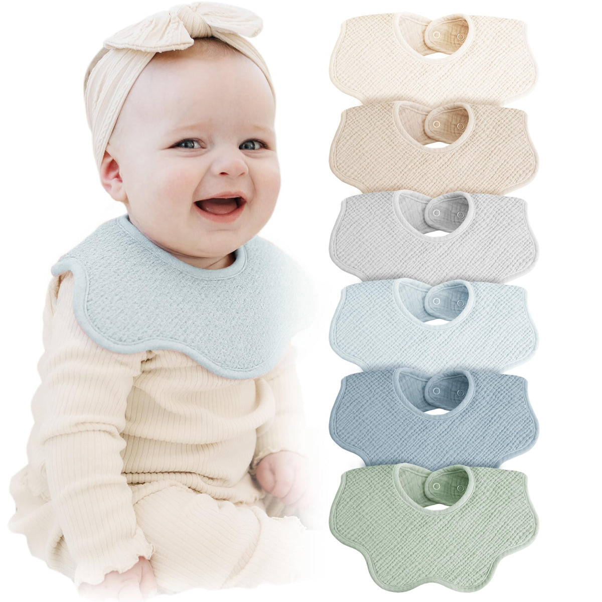 Konssy 6-Pack Muslin Baby Bandana Bibs, Drool Bibs for Girls & Boys