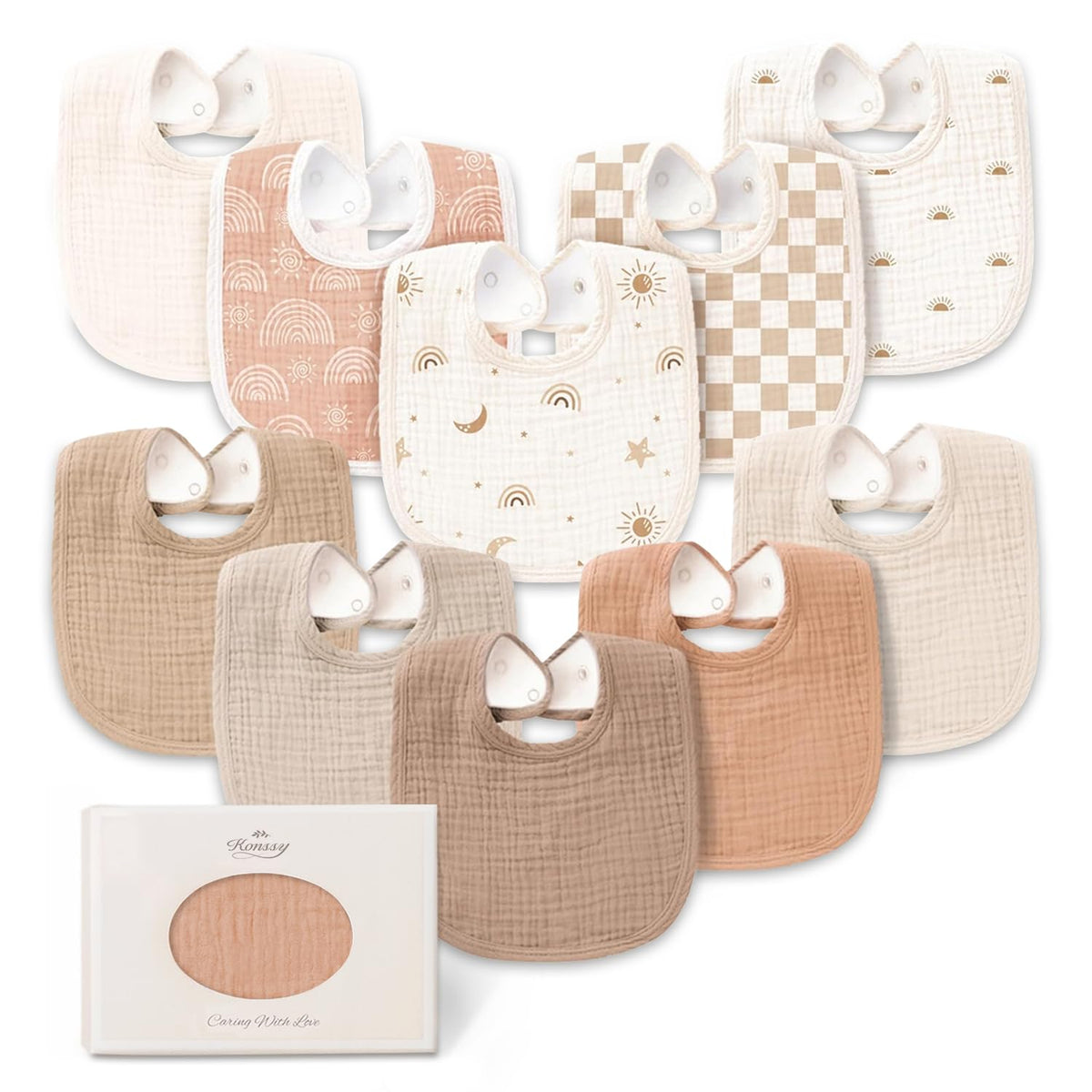 Konssy 8-Pack Muslin Baby Bibs, Adjustable Fit for Drooling and Teething