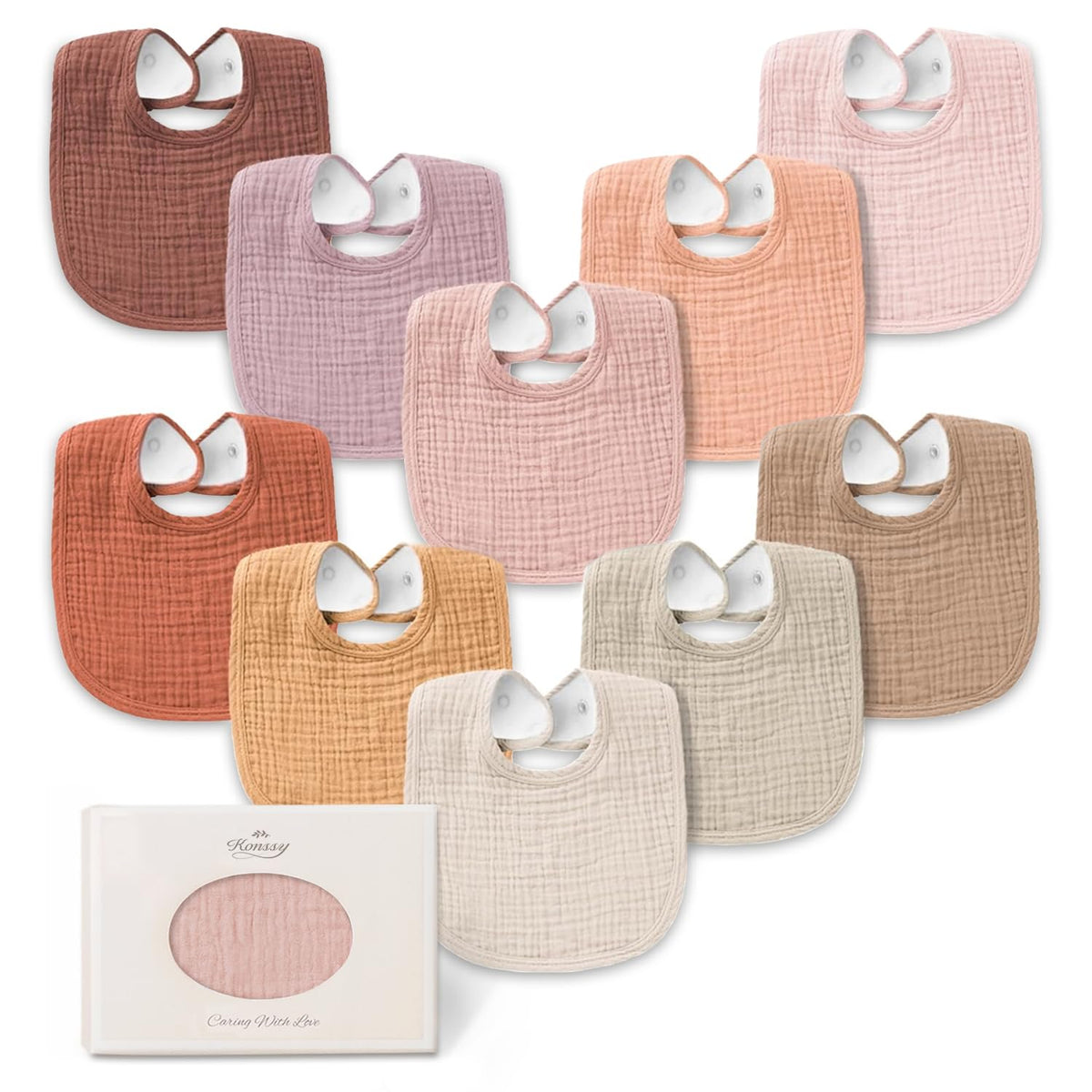 Konssy 8-Pack Muslin Baby Bibs, Adjustable Fit for Drooling and Teething