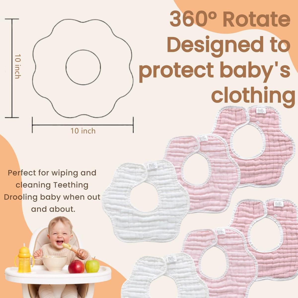 MUKIN Soft Cotton Muslin Baby Bibs 6 Pack | Adjustable Snap Closure for Newborns| Absorbent for Drooling, Teething & Feeding
