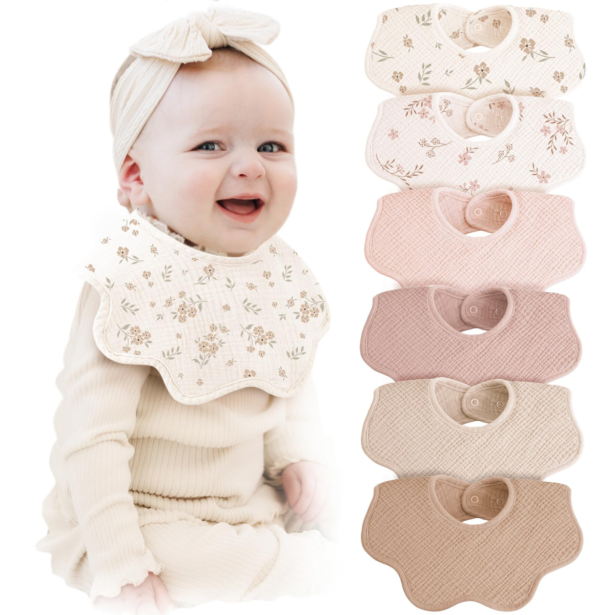Konssy 6-Pack Muslin Baby Bandana Bibs, Drool Bibs for Girls & Boys