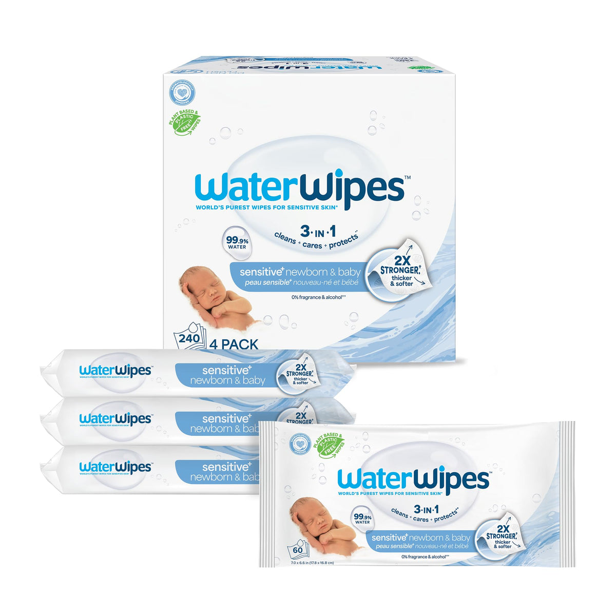 WaterWipes Sensitive+ Newborn & Baby Wipes, 3-In-1 Cleans, Cares, Protects, 99.9% Water, Unscented & Hypoallergenic, 240 Count (4 Packs)