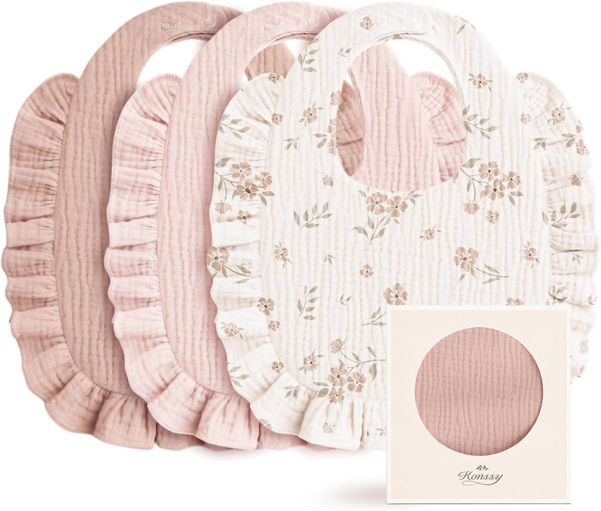 Konssy 3-Pack Muslin Baby Girl Bibs, 100% Cotton with Ruffle Trim