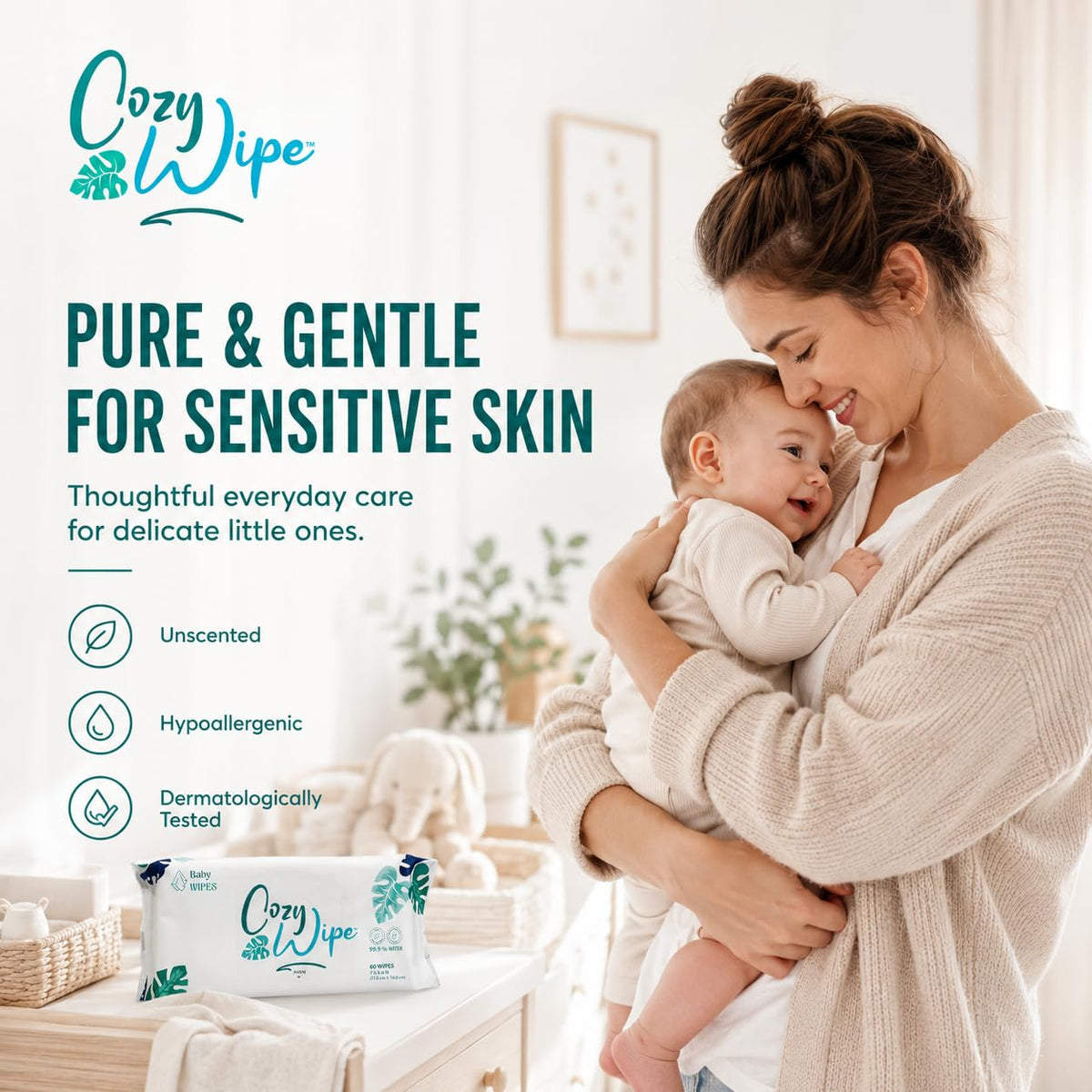 Baby Wipes, 99.9% Water Based Unscented Diaper Wipes for Sensitive Newborn Skin, Plant-Based, Plastic-Free, 9 Packs, 540 Count