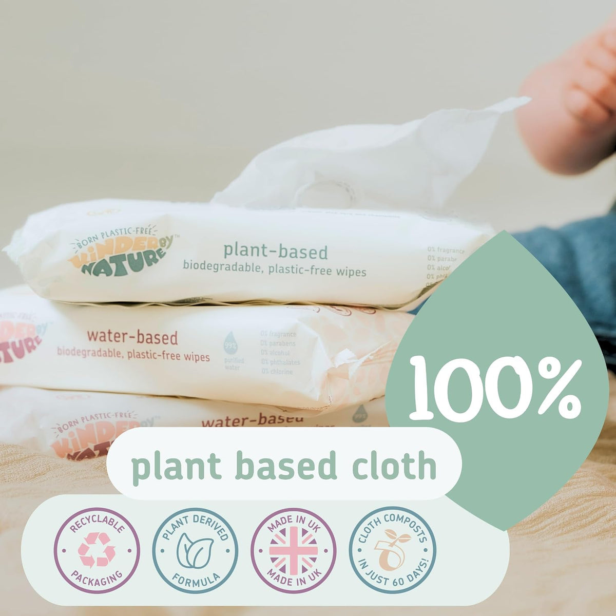 Kinder by Nature Plant Based Baby Wipes - 100% Biodegradable & Compostable, 672 Count (12 Packs of 56) - 99% Plant-Based Ingredients, Plastic-Free Wipes