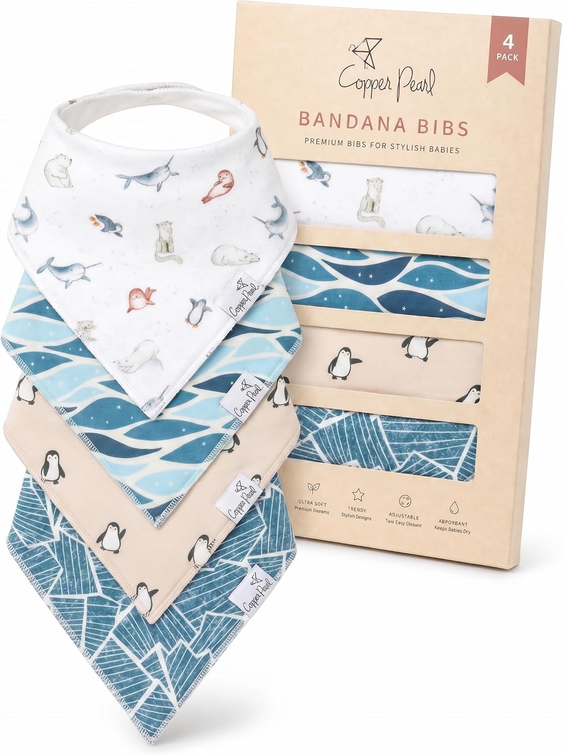 Copper Pearl Baby Bibs 4 Pack, Printed Bandana Drool Bibs for Baby Girl & Boy, Soft Cotton Drooling Teething Bibs
