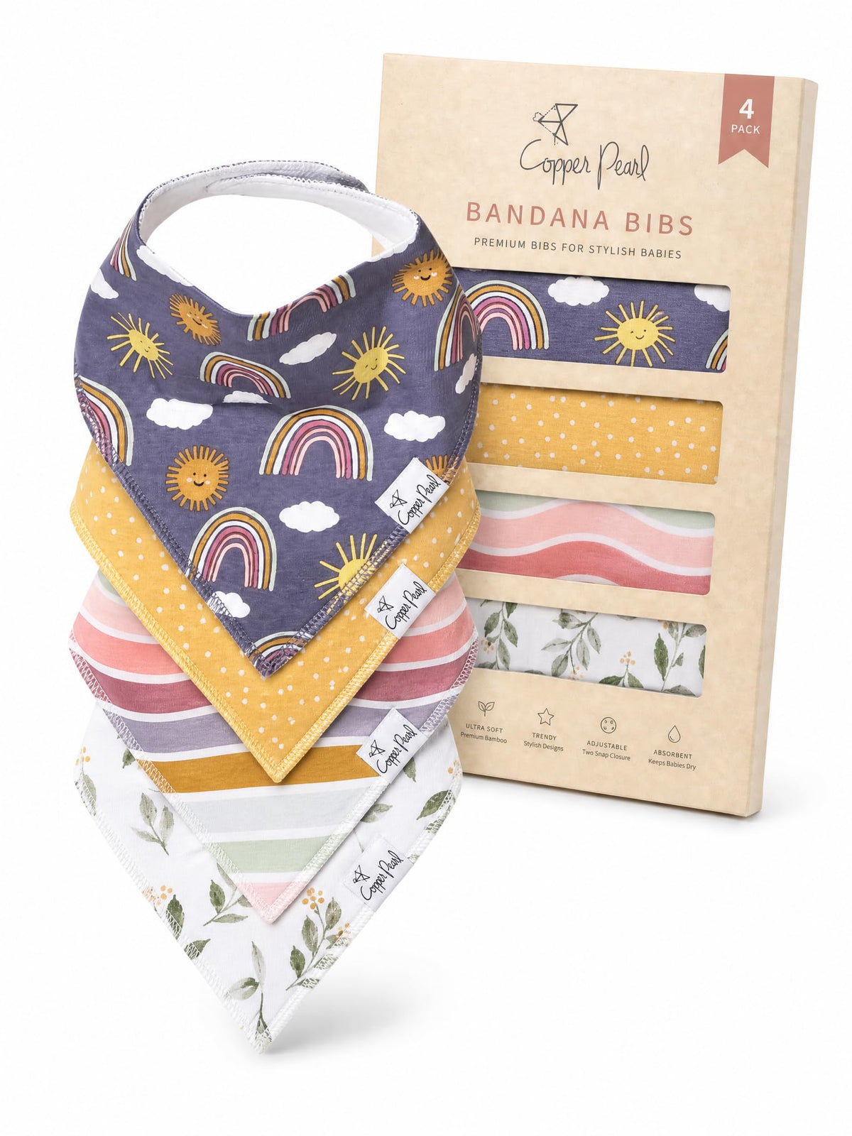 Copper Pearl Baby Bibs 4 Pack, Printed Bandana Drool Bibs for Baby Girl & Boy, Soft Cotton Drooling Teething Bibs
