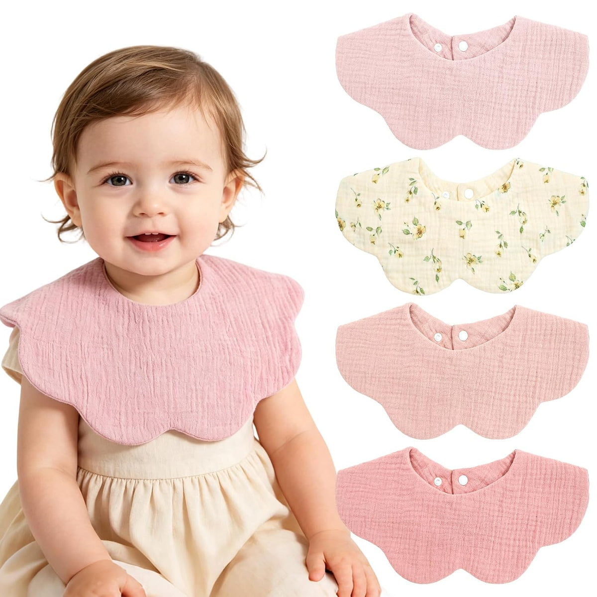 Muslin Baby Bibs, 4 Pack Bibs for Baby Girl, Adjustable 100% Cotton Soft Drool Bibs for Toddlers, Newborn Baby Girl Bib for Drooling and Teething