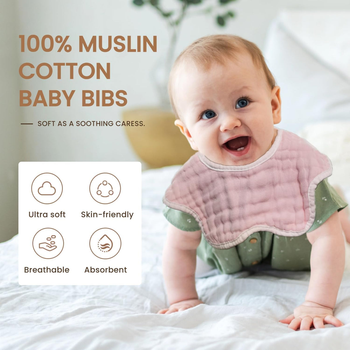 MUKIN Soft Cotton Muslin Baby Bibs 6 Pack | Adjustable Snap Closure for Newborns| Absorbent for Drooling, Teething & Feeding